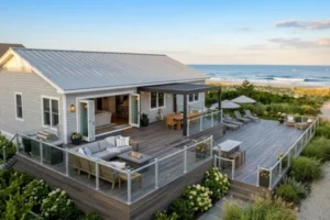 Luxury composite deck overlooking the beach at a Cape May County home with glass railings, outdoor living space, and coastal construction.