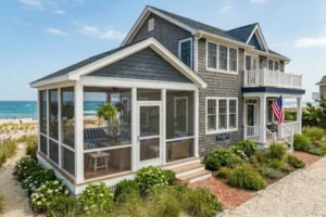 Beachfront Jersey Shore home with a professionally built screened-in porch overlooking the dunes, featuring composite decking, white trim, and panoramic coastal views.
