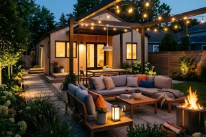 Backyard outdoor living area with sectional seating, fire pit, pergola, string lights, and landscaped garden surrounding a modern home.