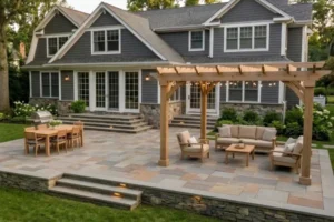 Large paver patio with a wood pergola, outdoor dining area, and comfortable seating overlooking a landscaped backyard