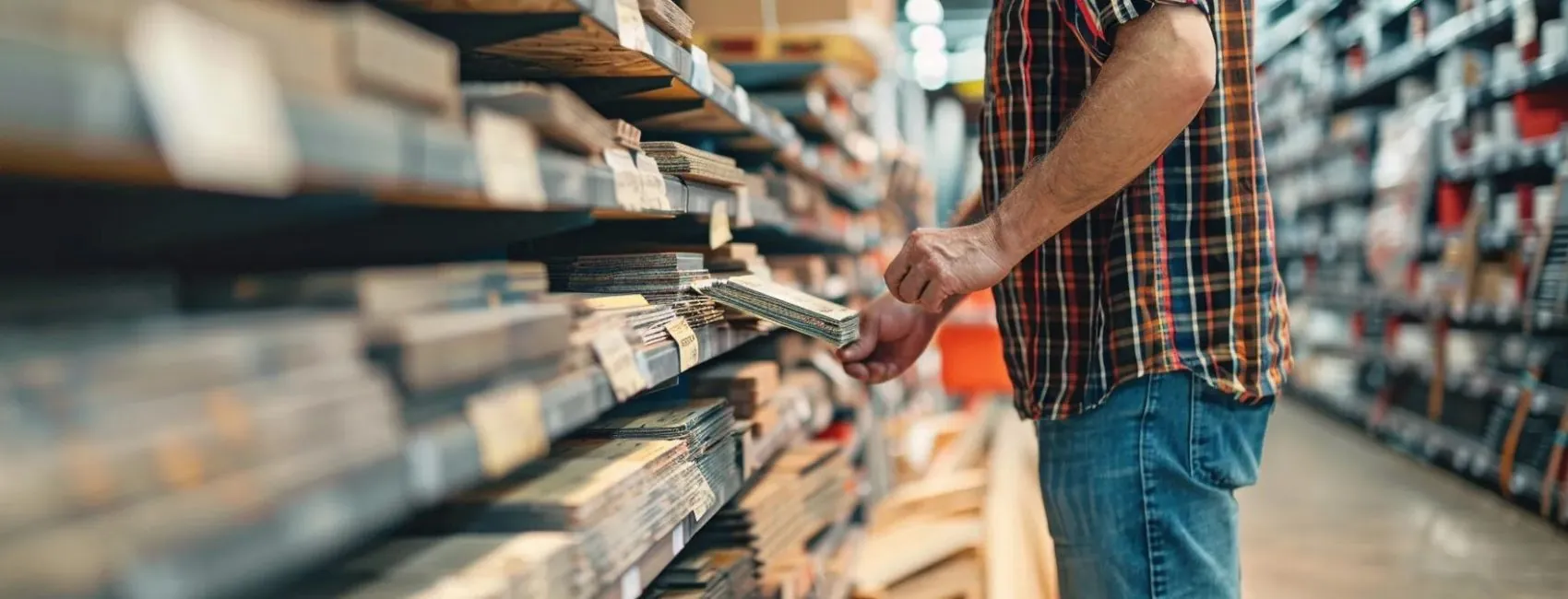 a homeowner carefully comparing different samples of decking materials in a hardware store