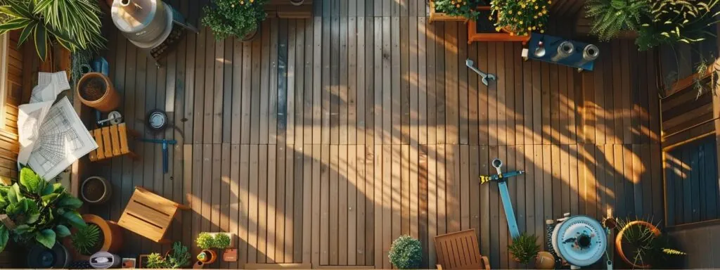 a contractor surrounded by a variety of high-quality wood, tools, and blueprints, ready to start building your dream deck.