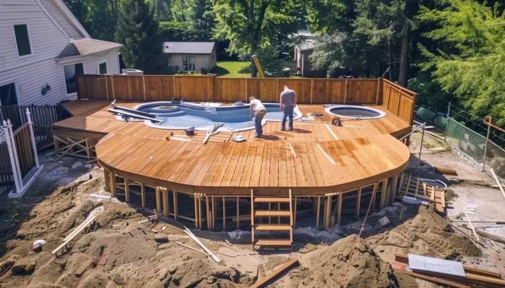 a team of experienced contractors working diligently to install a custom wooden pool decking for an above ground pool with top-quality materials