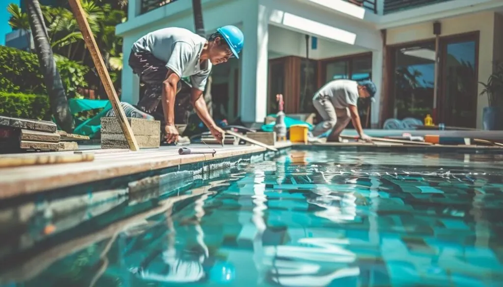 a team of expert contractors working diligently to repair and restore a pool side pavers