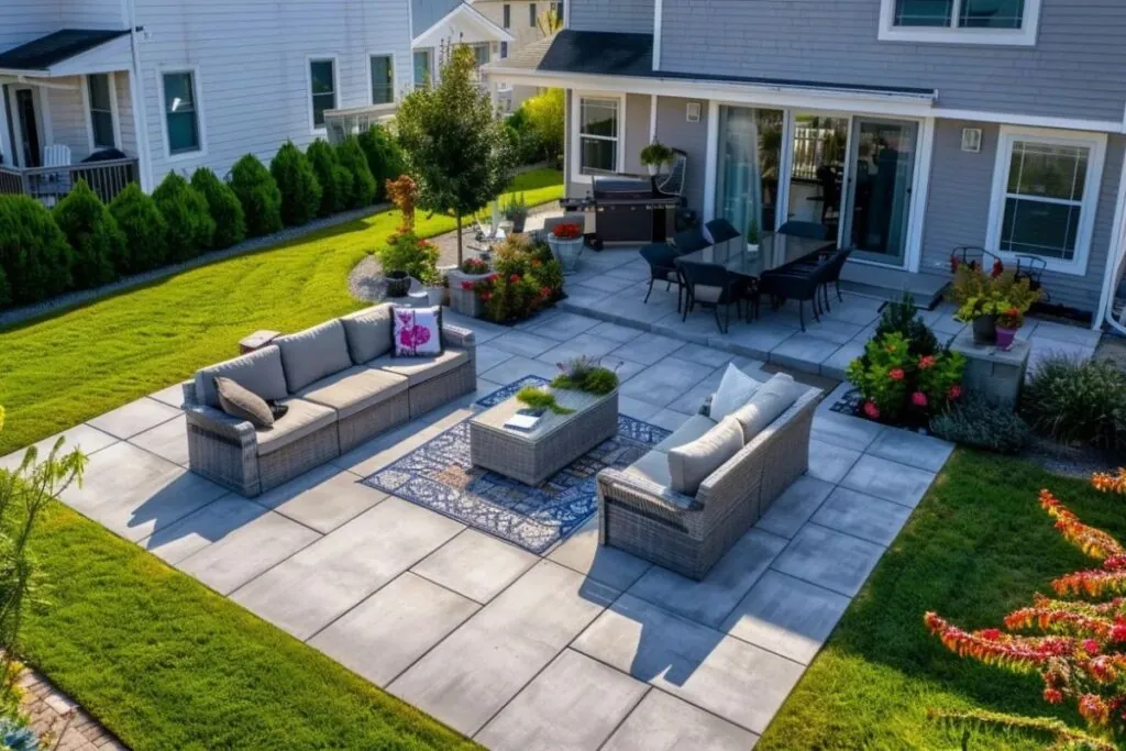 a stunning, modern concrete patio with sleek, interlocking stone tiles and elegant outdoor furniture overlooking a tranquil backyard garden in Ocean City NJ