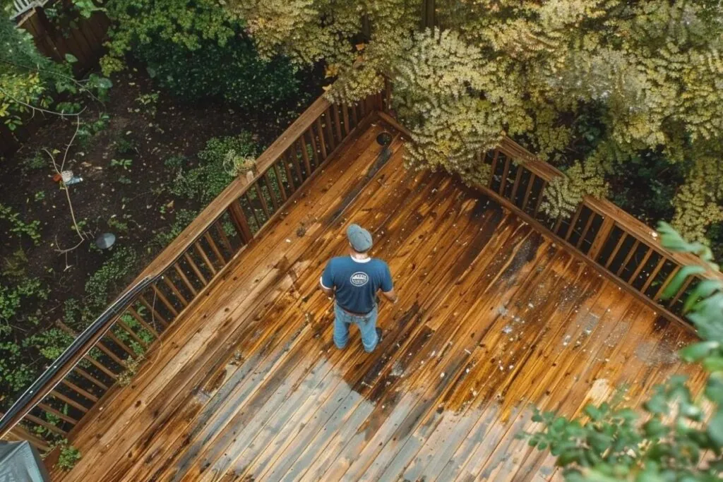 deck contractor transforming a weathered wooden deck into a vibrant outdoor oasis through thorough cleaning, sanding, and staining.