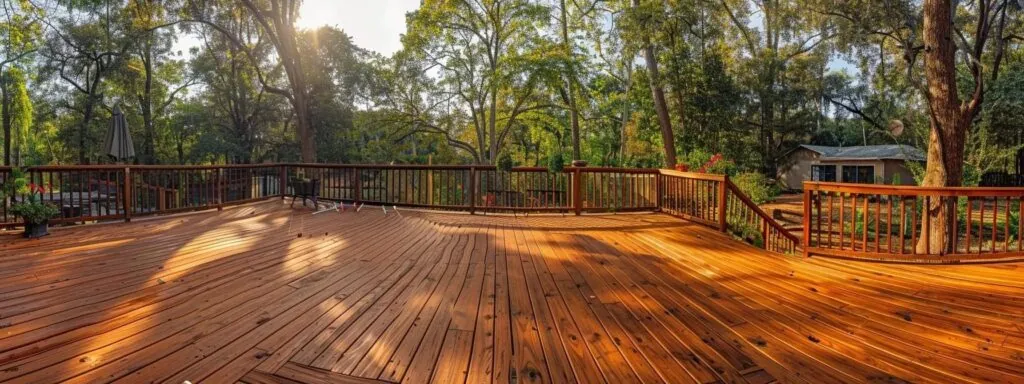 a vibrant, newly restored deck gleaming in the sunlight with fresh stain, repaired boards, and a welcoming atmosphere ready for outdoor enjoyment.