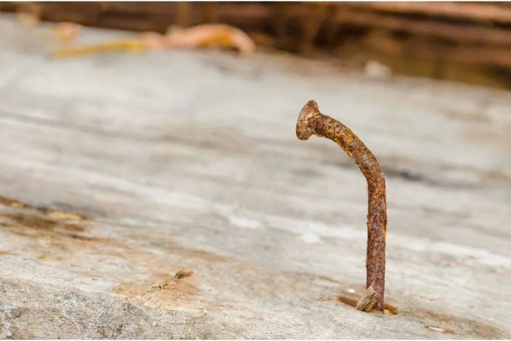 old wood deck with rusted nail