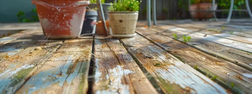 a weathered deck being transformed into a vibrant outdoor oasis through thorough cleaning, repairing, and staining.