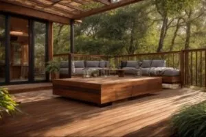 a beautifully constructed 14x20 deck is bathed in warm afternoon sunlight, showcasing rich wood textures and vibrant surrounding greenery, inviting viewers to envision the perfect outdoor retreat